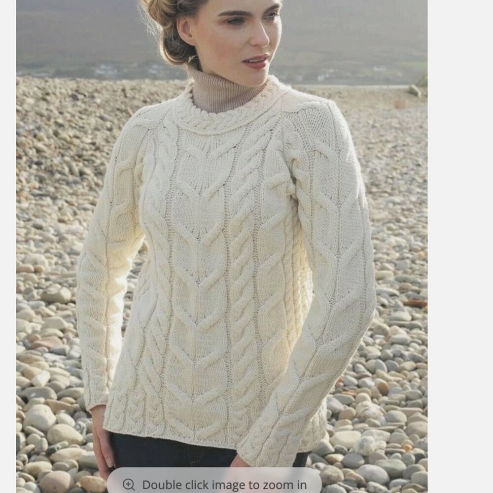 Aran Woolen Mills Listowel Cable Knit Fisherman Merino Wool Sweater Cream XXL